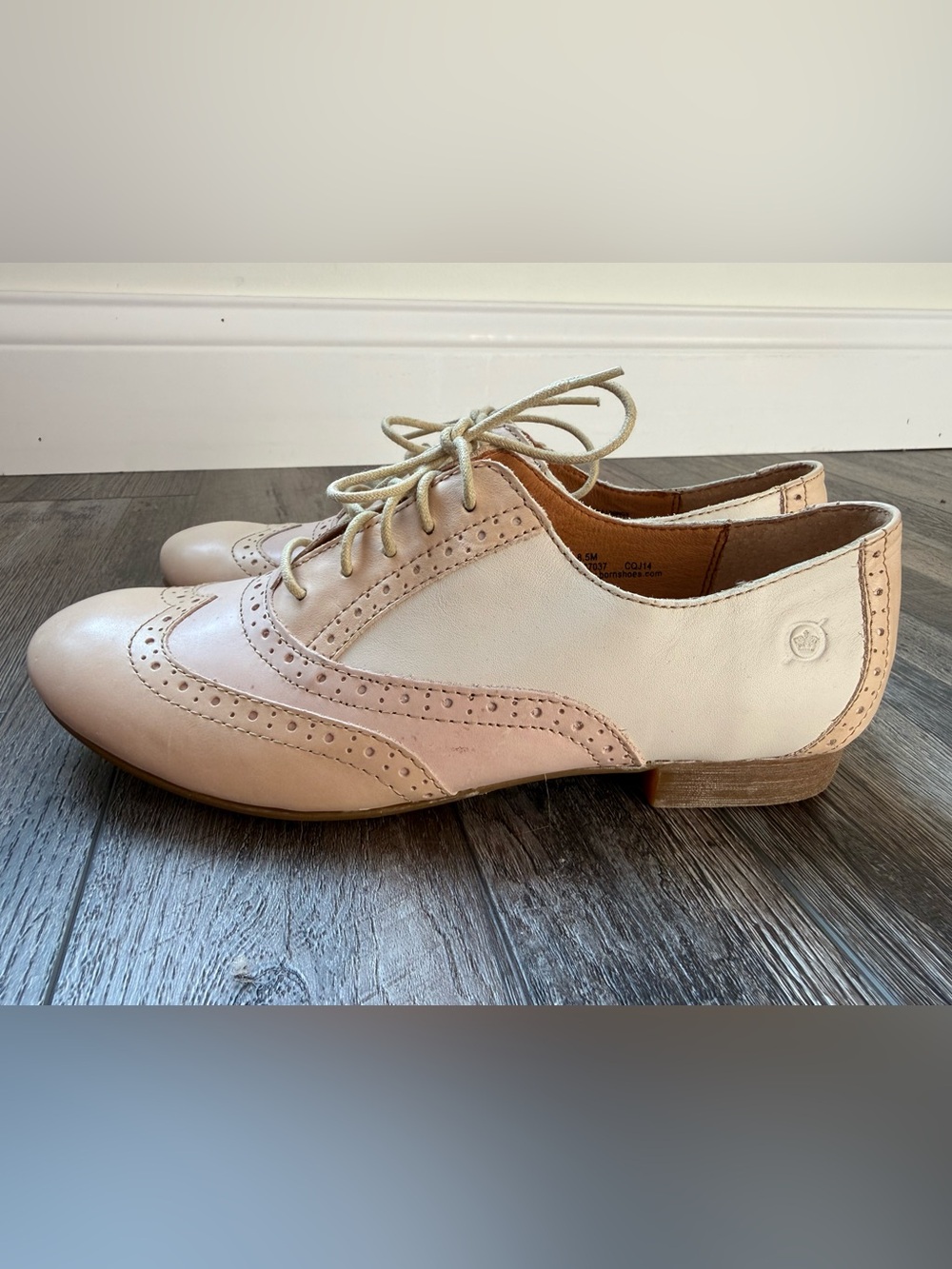 Born Two-Tone Leather Wingtip Oxfords in Blush and Cream